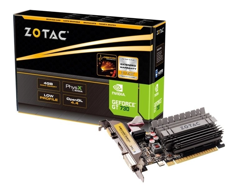 ZOTAC GeForce GT730 Zone Edition 4GB GDDR3, 64bit, 902/1600Mhz, Passive Heatsink, 1.5 Slot, HDCP, VGA, DVI-D, HDMI, Low Profile, 2x Low profile bracket included, Lite Pack