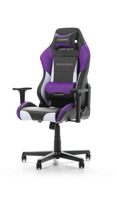 Gaming/Office Chair DXRacer Drifting GC-D61-NWV-M3, Black/White/Violet, Premium PU leather, max weight up to 150kg / height 145-175cm, Recline 90°-135°, 3D Armrests, Head and Lumber cushions, Aluminium wheelbase, 2