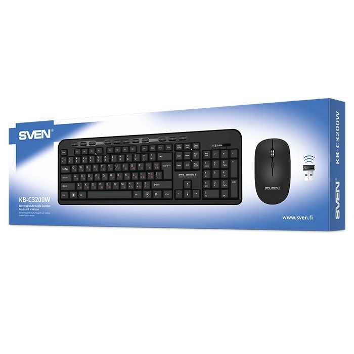 SVEN KB-C3200W, Wireless, Multimedia Keyboard & Mouse, 2.4GHz, (115 keys, 11 Fn-keys) + Mouse (3 + 1 (scroll wheel), 800/1200/1600 dpi), Nano receiver, USB, Black