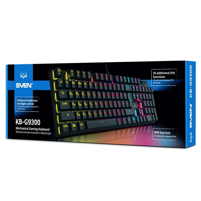 SVEN KB-G9300 RGB Gaming Keyboard, WIN key lock, Blue switches, 104 keys, 20 Fn-keys, 1.8m, USB, Black, Rus/Ukr/Eng