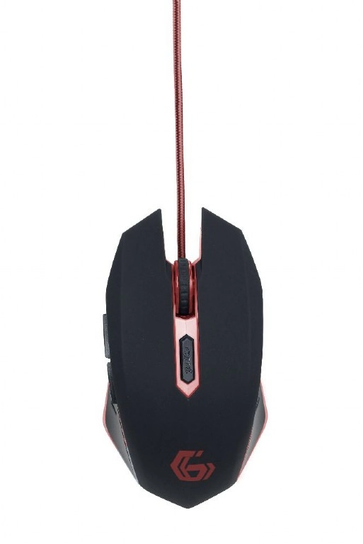Gembird MUSG-001-R, Gaming Optical Mouse, 2400dpi adjustable, 6 buttons,  Illuminated (Red light) scroll wheel, logo and side accents; Non-slip rubberized ergonomic design, Practical tangle free nylon mesh cable, USB, Black
