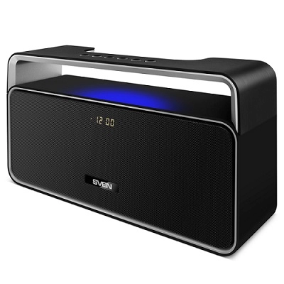 SVEN PS-185, Bluetooth Portable Speaker, 10W RMS, Support for iPad & smartphone, Bluetooth, LED display, clock and alarm, FM tuner, USB & microSD, built-in lithium battery -2000 mAh, AUX stereo input, Headset mode, USB or 5V DC power supply, Black