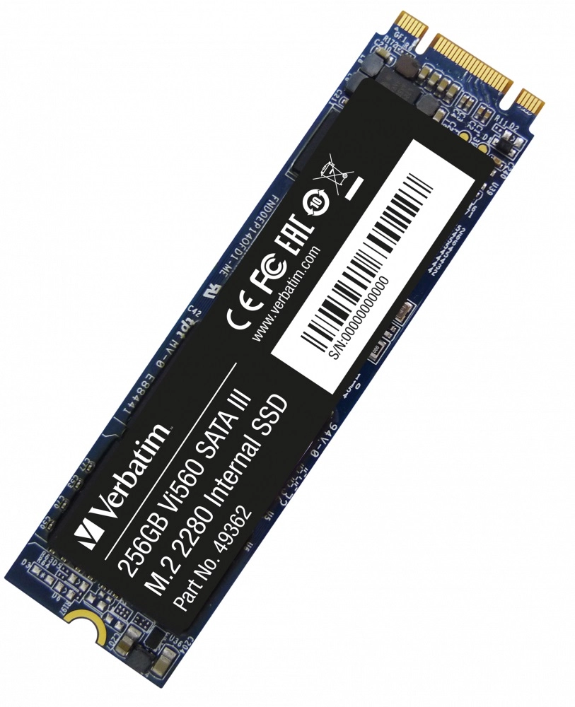 M.2 SATA SSD 256GB  Verbatim Vi560 S3, SATA 6Gb/s, M.2 Type 2280 form factor, Sequential Reads: 560 MB/s, Sequential Writes: 460 MB/s, Max Random 4k: Read: 102,000 IOPS / Write: 80,000 IOPS, Phison Controller, 3D NAND TLC
