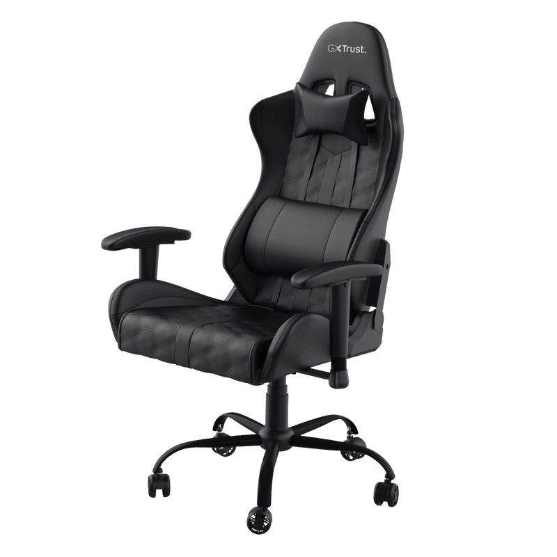 Trust Gaming Chair GXT 708 Resto - Black, Height adjustable armrests, Class 4 gas lift, 90°-180° adjustable backrest, Strong and robust metal base frame, Including removable and adjustable lumbar and neck cushion, Durable double wheels, up to 150kg