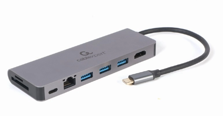 Gembird  A-CM-COMBO5-05, USB Type-C 5-in-1 multi-port adapter (Hub + HDMI + PD + card reader + LAN),  3-port USB 3.1 Gen 1 (5 Gbps) hub, 4K HDMI, Gigabit LAN port, SD card reader and 100 W USB Type-C Power Delivery port, durable premium style metal housin