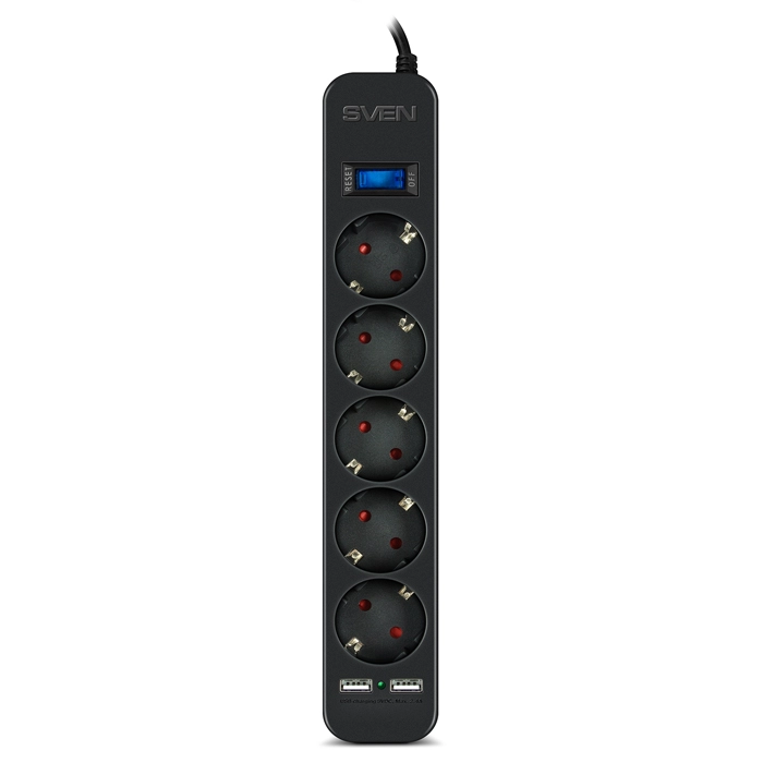 Surge Protector SVEN SF-05LU, 5 Sockets + 2 USB (2,4 A) , 5.0m, Black, color box