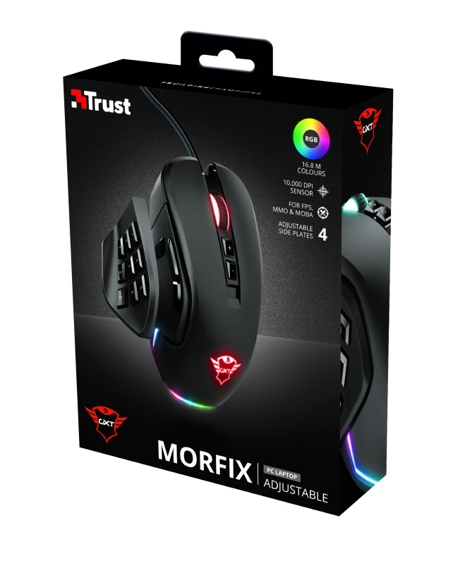 Trust Gaming GXT 970 Morfix Customisable Mouse, 200 - 6400 dpi, Up to 14 programmable buttons, 4 magnetically interchangeable side, 2 left-side plates with 3 or 9-button configurations, Fully adjustable RGB lighting, Braided cable 1,8 m USB, Black