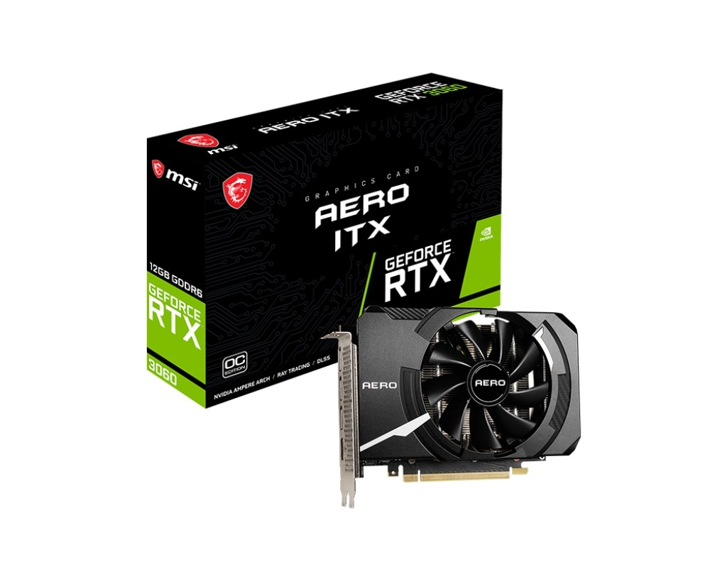 MSI GeForce RTX 3060 AERO ITX 12G OC / 12GB GDDR6 192Bit 1792/15000Mhz, Ampere, PCI-E Gen4, 1xHDMI, 3xDP, Single Fan Thermal Design, 6mm Cooper Heatpipes, Tailored PCB Design, Solid Backplate, SFF package, 1x 8pin, Retail