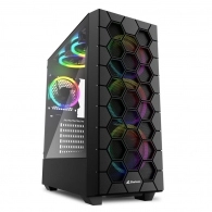 Sharkoon RGB HEX Black  ATX Case, with Side Panel of Tempered Glass, without PSU, Tool-free, 3D Hexagon Design Mesh Front Panel, Pre-Installed Fans: 6x120mm A-RGB Ring LED, ARGB Controller, 2x3.5