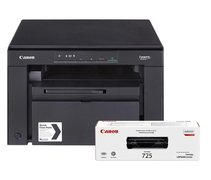 MFD Canon MF3010 (+1 x CRG725); Mono Printer/Copier/Color Scanner, A4, 18 ppm, 1200x600 dpi, 64Mb, Scan 9600x9600dpi-24 bit, Paper Input (Standard) 250-sheet tray, USB 2.0, CRG725 (1600 pages 5%), CRG 325, 700 pages starter.