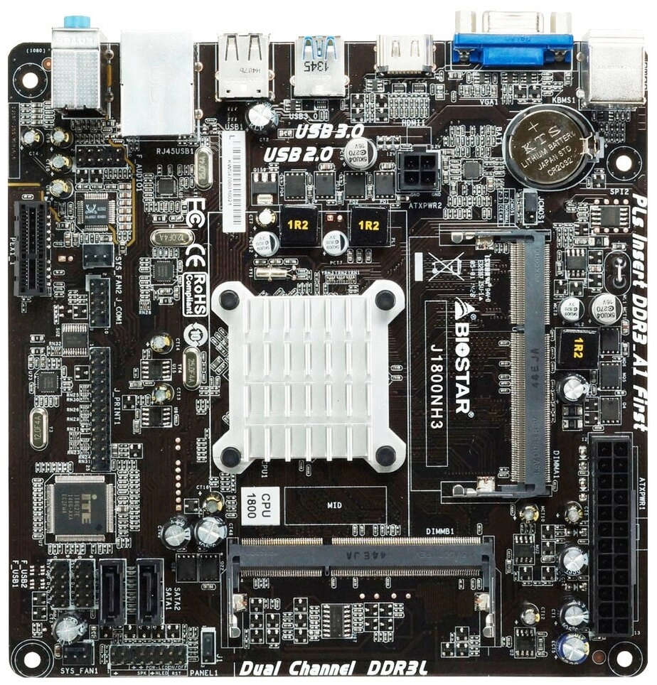 BIOSTAR J1800NH3, MB + CPU onboard: Dual-core Celeron J1800 (2.41-2.58GHz), Dual 2x SO-DIMM DDR3L-1333 (up to 16GB), Intel HD graphics, VGA, HDMI, 2xSATA2, 1xPCIe X1, ALC662 HDA, COM & LPT Header, 1xGbE LAN, 1xUSB3.0, 6xUSB 2.0, Mini-ITX