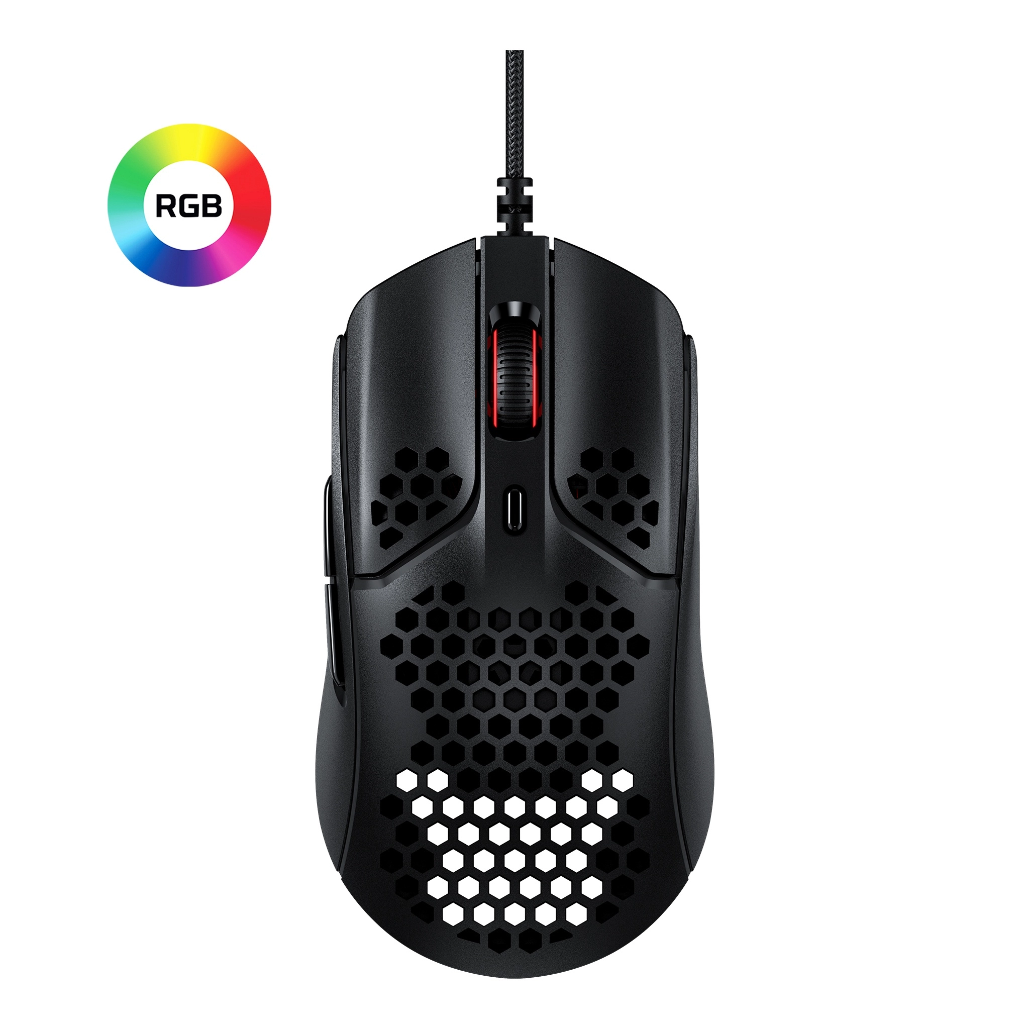 HYPERX Pulsefire Haste Gaming Mouse, Black, Ultra-light hex shell design, 400–16000 DPI, 4 DPI presets, Pixart PAW3335 Sensor, Split-button design for extra responsiveness, Per-LED RGB lighting, USB, 80g