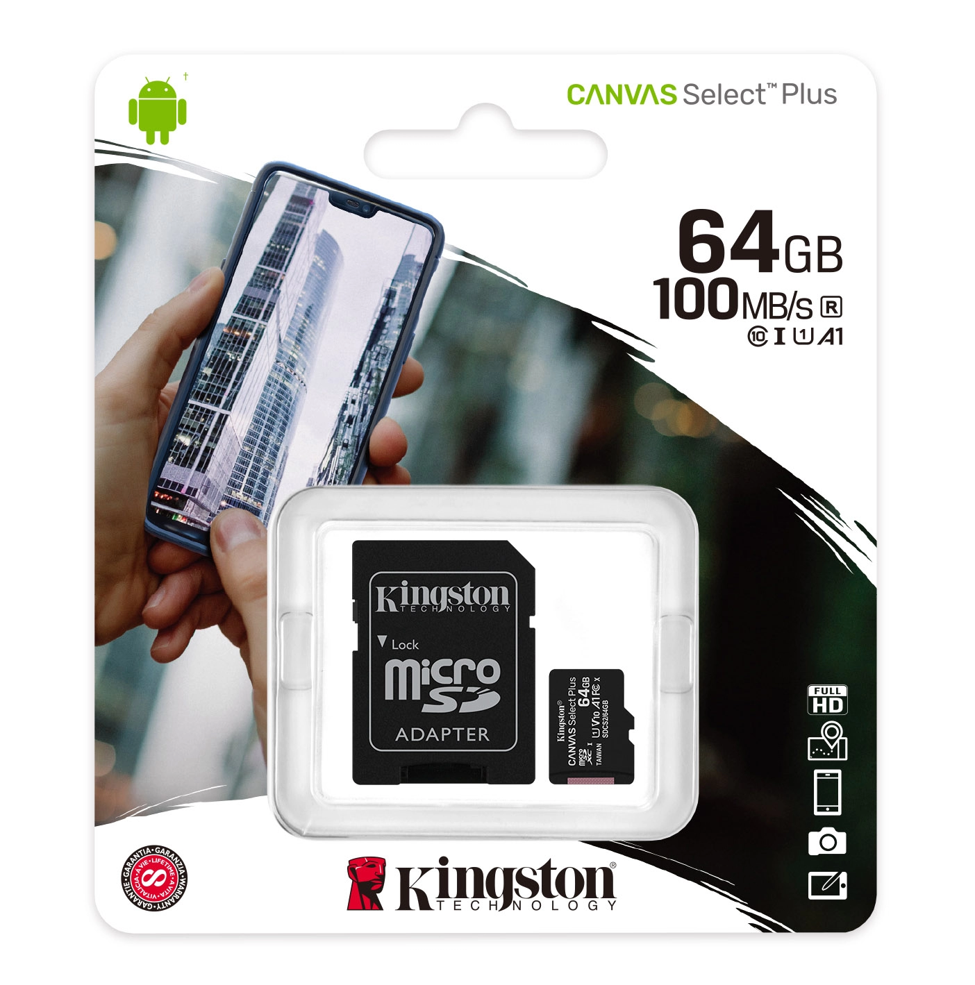 Карта памяти microSD Kingston Canvas Select Plus V10/ 100MBps/ 64GB+ SD adapter