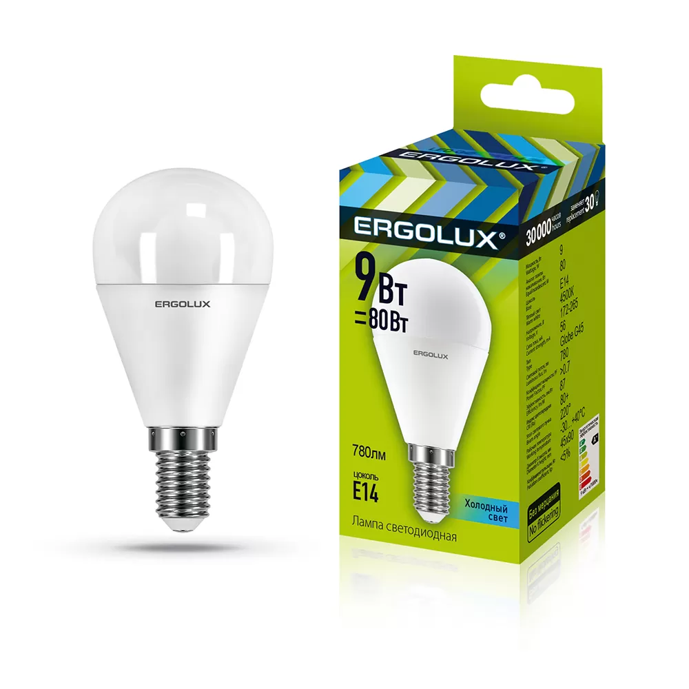 Светодиодная лампа Ergolux G45 9W E14 45K