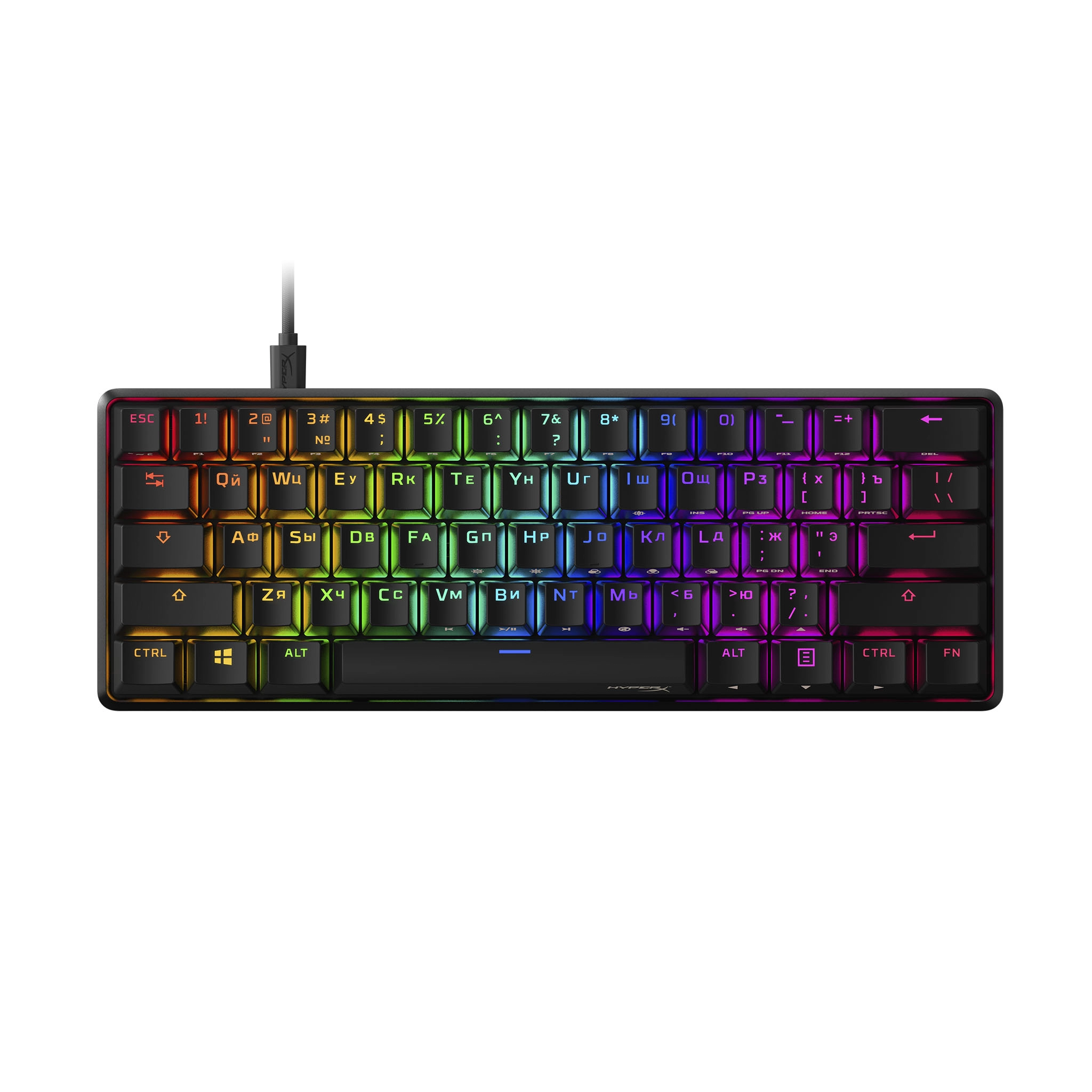 HYPERX Alloy Origins 60 RGB Mechanical Gaming Keyboard (RU), Black, Mechanical keys (HyperX Red key switch) Backlight (RGB), Petite 60% form factor, Ultra-portable design, Full aircraft-grade aluminum body, USB