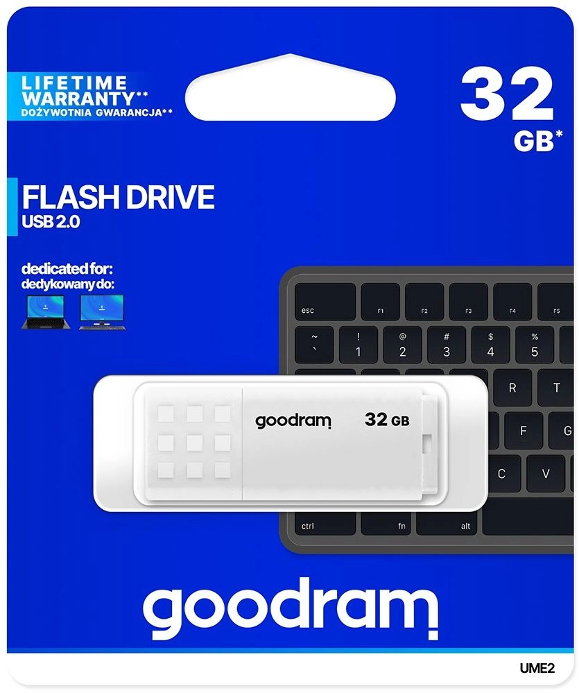 32GB USB2.0 Goodram UME2 White, Plastic, Anti-slip design (Read 20 MByte/s, Write 5 MByte/s)