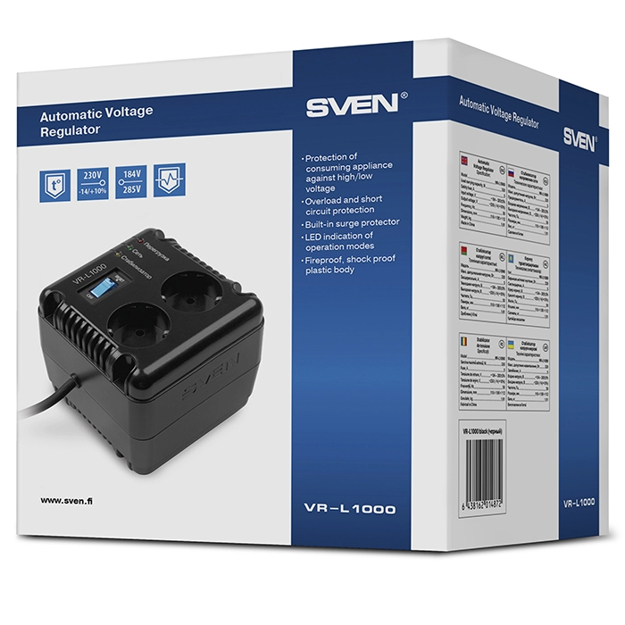 SVEN VR-L1000, 320W, Automatic Voltage Regulator, 2x Schuko outlets, Input voltage: 184-285V, Output voltage: 230V ± 10%, diod indicators on the front panel, plastic body, Black