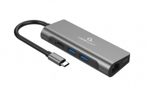 Gembird A-CM-COMBO5-01, USB Type-C 5-in-1 multi-port adapter (Hub + HDMI + PD + card reader + LAN), 2-port USB hub, 4K HDMI, Gigabit LAN port, card reader and USB Type-C PD charge support