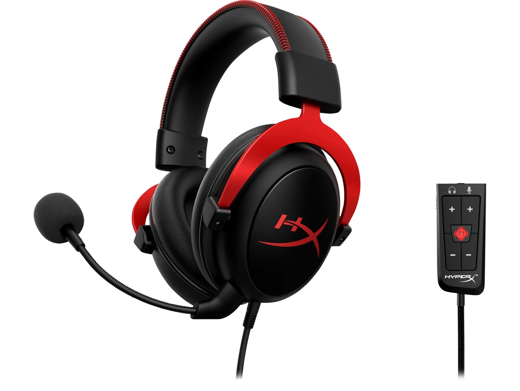 Headset  HyperX Cloud II, Red, Solid aluminium build, Microphone: detachable, USB Surround Sound 7.1, Frequency response: 15Hz–25,000 Hz, Cable length:1m+2m extension, 3.5 jack, Pure Hi-Fi capable, Braided cable,  Mesh bag