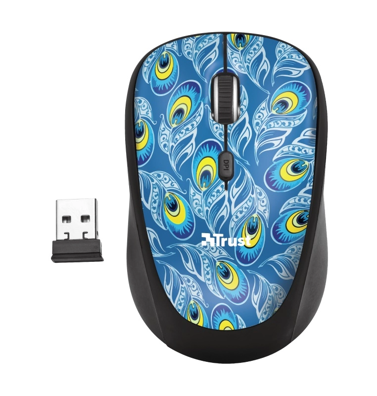 Trust Yvi Peacock Wireless Mouse, 8m 2.4GHz, Micro receiver, 800-1600 dpi, 4 button, Rubber sides for comfort and grip, USB