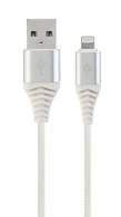 Cable USB2.0/8-pin (Lightning) Premium cotton braided - 2m - Cablexpert CC-USB2B-AMLM-2M-BW2, Silver/White, USB 2.0 A-plug to 8-pin, blister