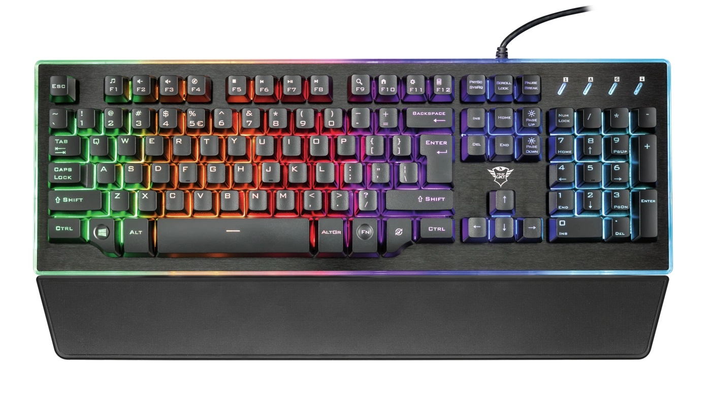 Trust Gaming GXT 860 THURA Semi-mechanical LED keyboard with 9 rainbow wave color modes and gaming mode function, Backlight (RGB), US, 1.7m, USB, Black