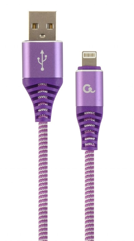 Cable USB2.0/8-pin (Lightning) Premium cotton braided - 2m - Cablexpert CC-USB2B-AMLM-2M-PW, Purple/White, USB 2.0 A-plug to 8-pin, blister