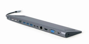Adapter 9-in-1: USB hub, 4K HDMI and Full HD VGA video, stereo audio, Gigabit LAN port, card reader and USB Type-C PD charge support