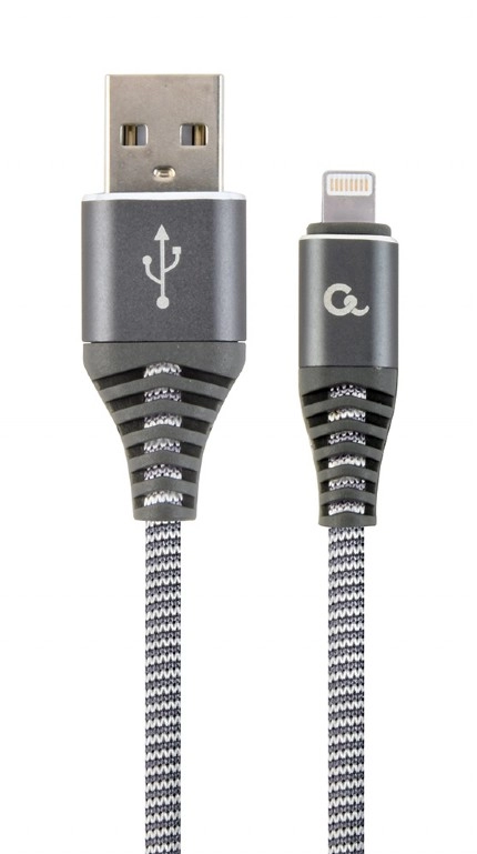 Cable USB2.0/8-pin (Lightning) Premium cotton braided - 2m - Cablexpert CC-USB2B-AMLM-2M-WB2, Spacegrey/White, USB 2.0 A-plug to 8-pin, blister