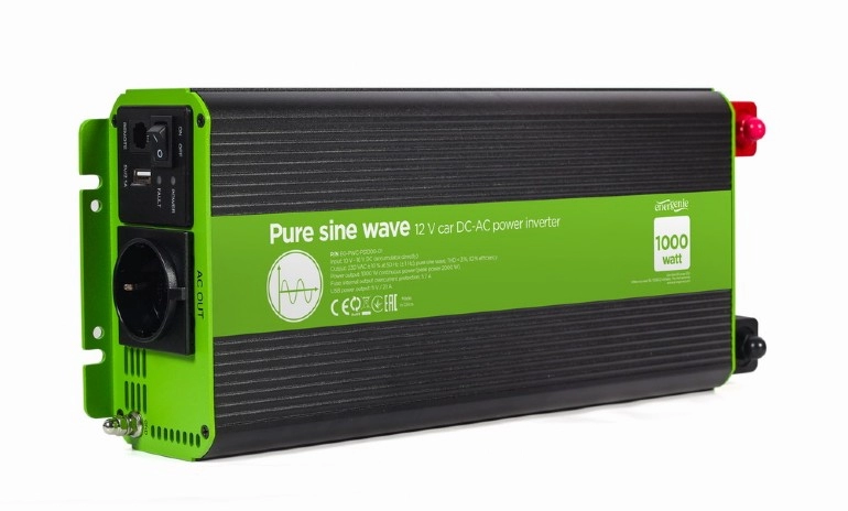 EnerGenie EG-PWC-PS1000-01, 12 V Pure sine wave car DC-AC power inverter, 1000 W, with USB port / 5V-2.1A,  Input: 10-16 VDC (accumulator directly) - Output: 230 VAC +/- 10% at 50 Hz (+/-1Hz), pure sine wave, THD < 3%, 90% efficiency