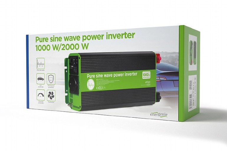 EnerGenie EG-PWC-PS1000-01, 12 V Pure sine wave car DC-AC power inverter, 1000 W, with USB port / 5V-2.1A,  Input: 10-16 VDC (accumulator directly) - Output: 230 VAC +/- 10% at 50 Hz (+/-1Hz), pure sine wave, THD < 3%, 90% efficiency