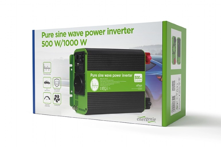 EnerGenie EG-PWC-PS500-01, 12 V Pure sine wave car DC-AC power inverter, 500 W, with USB port / 5V-2.1A, Input: 10-16 VDC (accumulator directly) - Output: 230 VAC +/- 10% at 50 Hz (+/-1Hz), pure sine wave, THD < 3%, 90% efficiency
