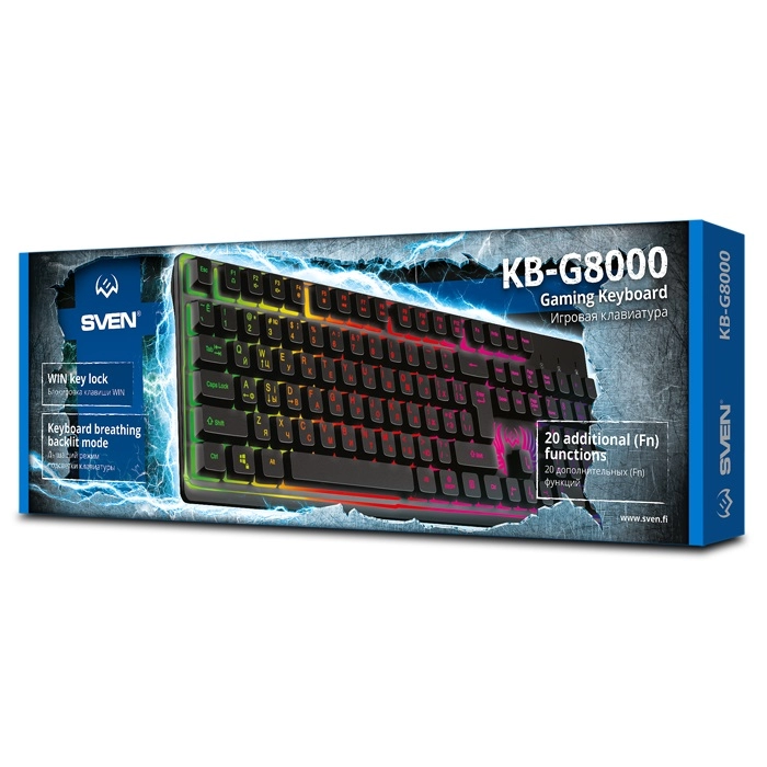 SVEN KB-G8000 Gaming Keyboard, membrane with tactile feedback,105 keys, 20 Fn-keys, Backlight, 	Rus, 1.8m, USB, Рус/Укр/Eng, Black