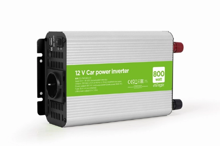 EnerGenie EG-PWC800-01, 12 V Car power inverter, 800 W, with USB port / 5V-1A, Input: 10-16 VDC (accumulator directly) - Output: 230 VAC +/- 10% at 50 Hz (+/-3Hz), modified sine wave