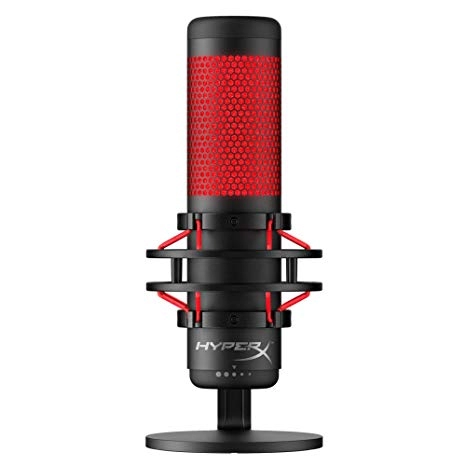HyperX QuadCast, Black, Microphone for the streaming, Anti-Vibration shock mount, Tap-to-Mute sensor with LED indicator, Four selectable polar patterns, Internal pop filter, Built-in headphone jack, Cable length: 3m, Black/Red, USB