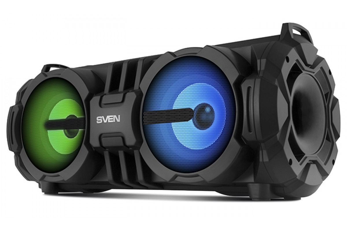 SVEN PS-485 Black, Bluetooth Portable Speaker, 28W RMS, Effective multi-colored lighting, LED display, FM tuner, USB & microSD, built-in lithium battery-2 x 2000 mAh, tracks control, AUX stereo input, Headset mode, micro USB or 5V DC power supply