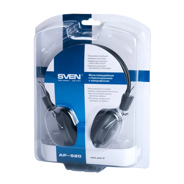 SVEN AP-520, Headphones with microphone, Volume control, 2.2m, Black
