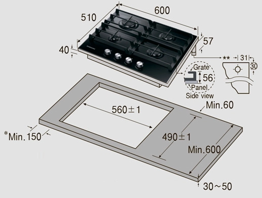 Встраиваемая  газовая панель Samsung NA64H3010AK, 4 конфорок, Черный